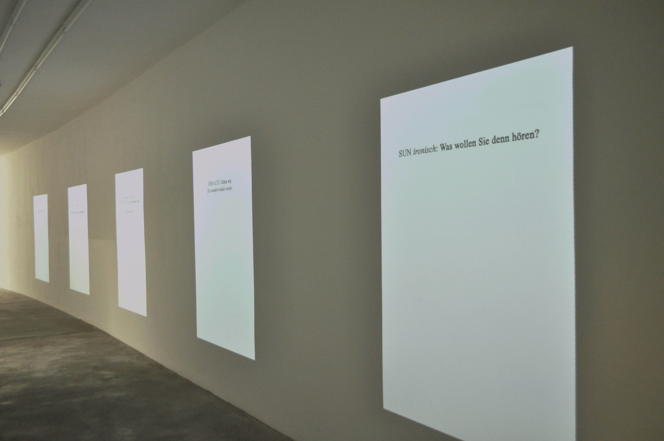 Lada Nakonechna. Appropriated Phrases (from The Good Person of Szechwan by Bertolt Brecht). 2012. Installation (five projectors, graphite on wall). Variable dimensions