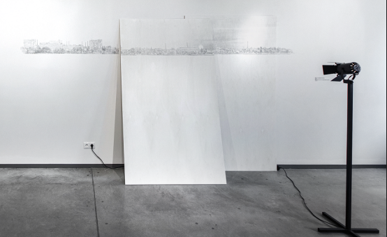 Lada Nakonechna. Switch Off the Light When Leaving. 2021. Drawing on the wall and plywood panels, light