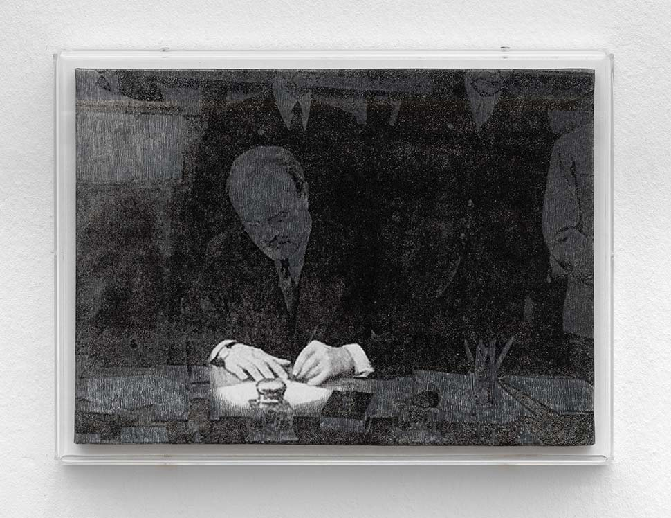 Lada Nakonechna. Some Examples from the Field of Management. 2018. Drawing (transfer print, graphite on paper, wood, acrylic case). 38 x 25 x 2 cm