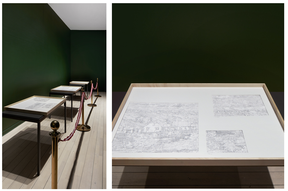 Lada Nakonechna. Personal Relevant Collection. 2022. Installation of 3 parts (pencil drawing, wooden box, barrier pole, ribbon)