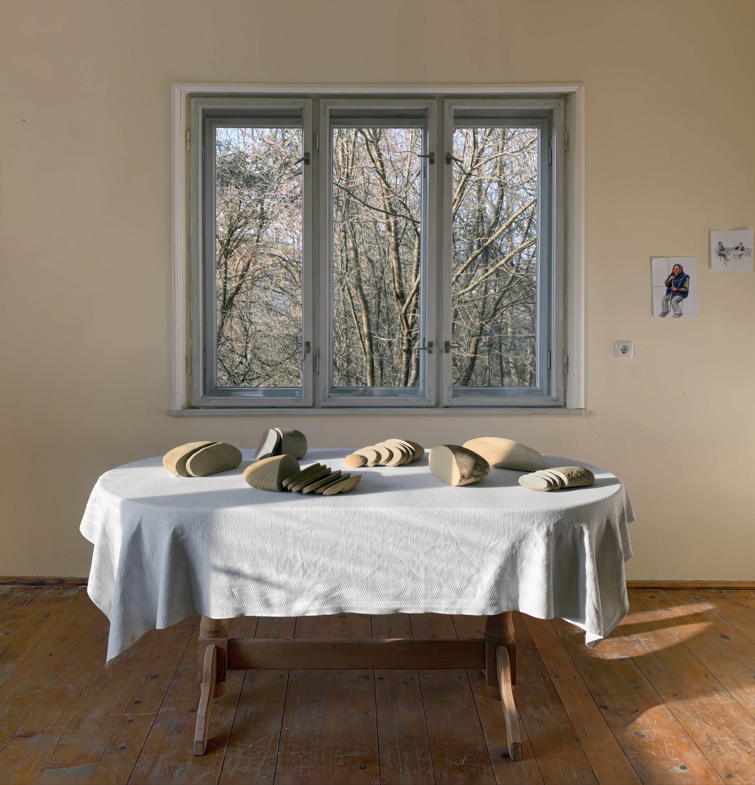Zhanna Kadyrova. Palianytsia. 2022–ongoing. Found river stones, table, tablecloth
